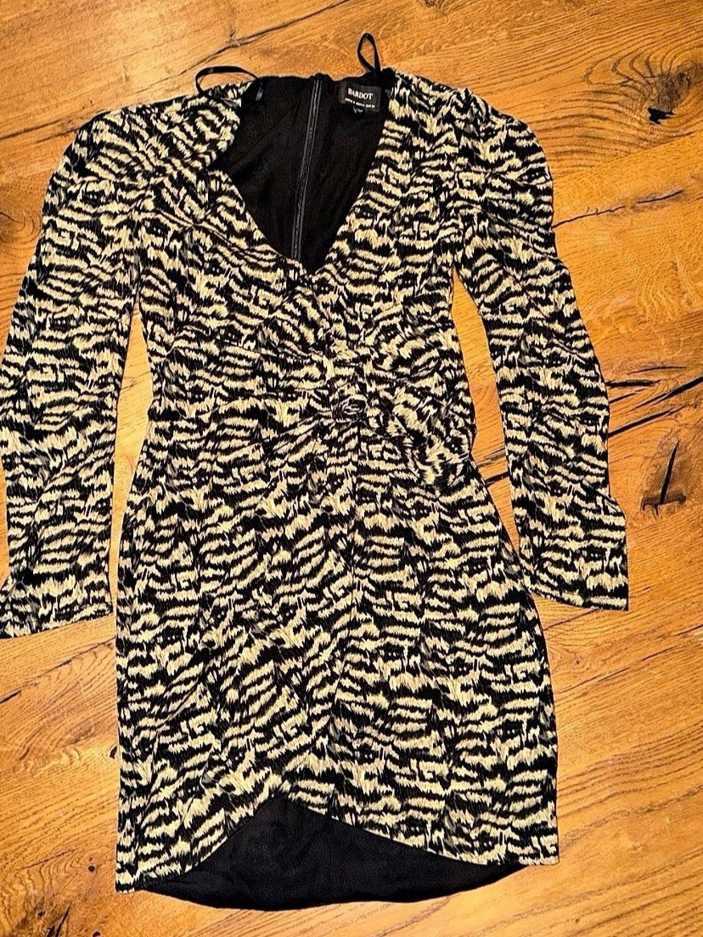 Bardot Eileen Black and White Zebra Print Ruched Long Sleeve Mini Dress Eileen